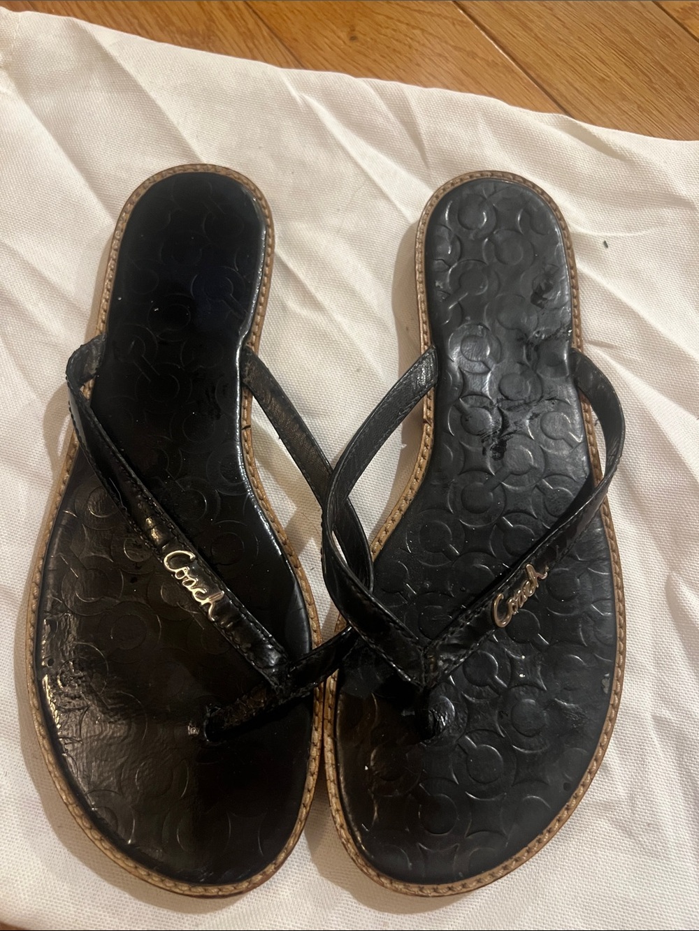 Coach Black Logo-Embossed Women's Flip Flop Sandals with Gold Hardware